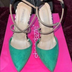 Shoedazzle Donatella Pumps in Green, Snake Skin Print, Beige & Black.